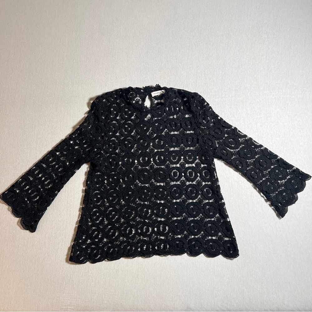 Sugarlips Sheer Daisy Eyelet Lace Black Top w/ Long Flared Sleeves, Small